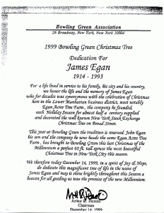 1999 Bowling Green Christmas Tree Dedication Letter for James Egan from The Bowling Green Association